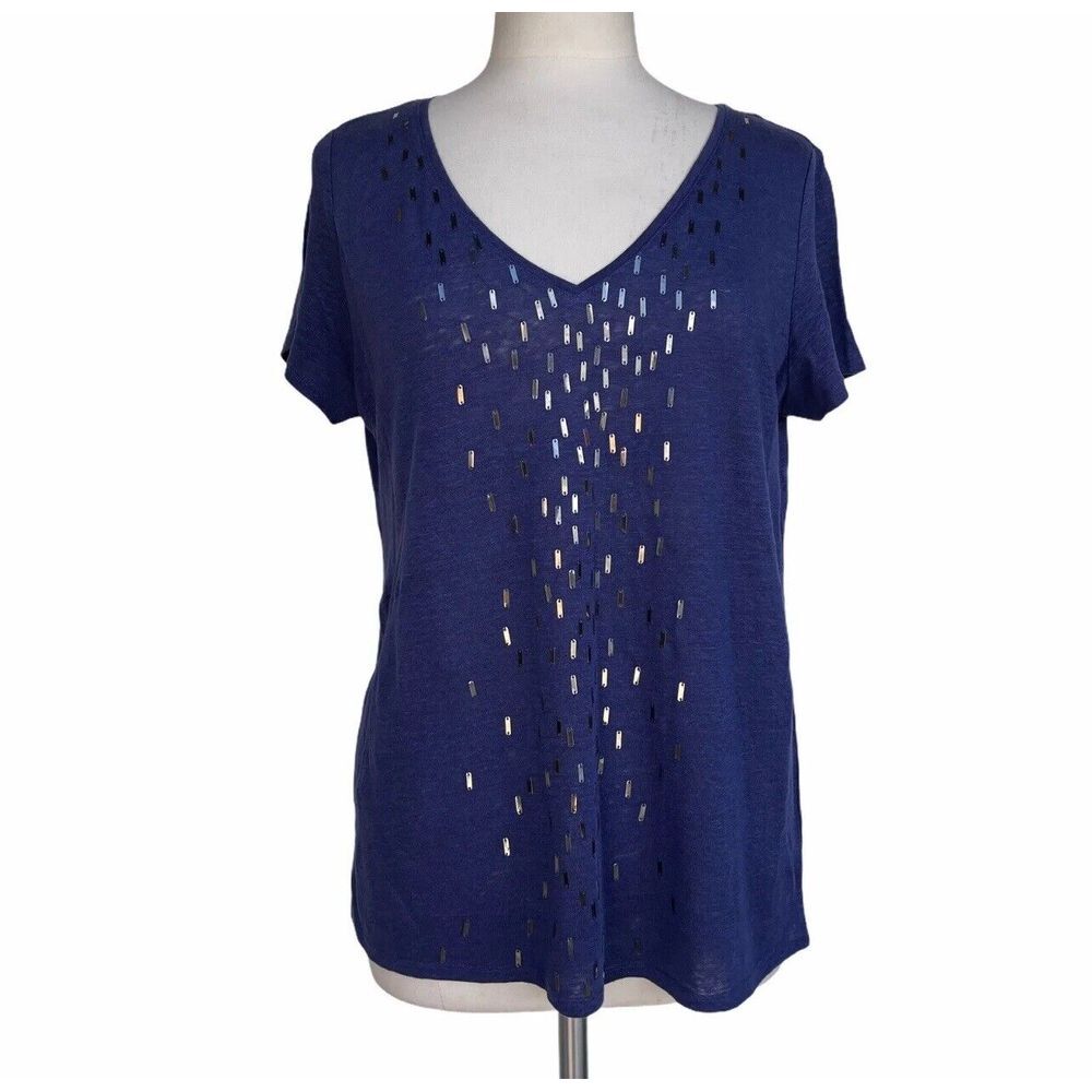 Eileen Fisher Shirt Womens Medium‎ Navy Blue Linen Slouchy Short Sleeves